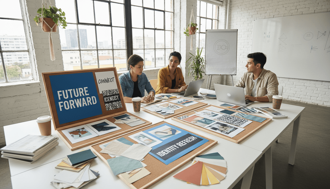 Creative team reviewing brand style board with color swatches