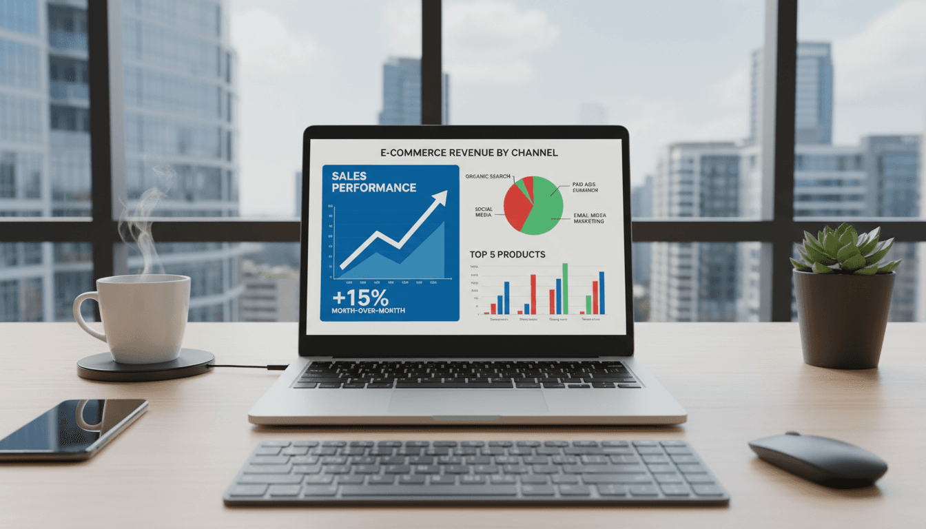Modern professional workspace with laptop showing analytics dashboard and e-commerce charts