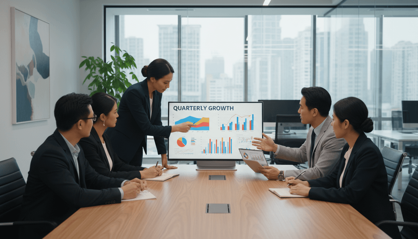 Business team analyzing growth metrics on a laptop in a bright office