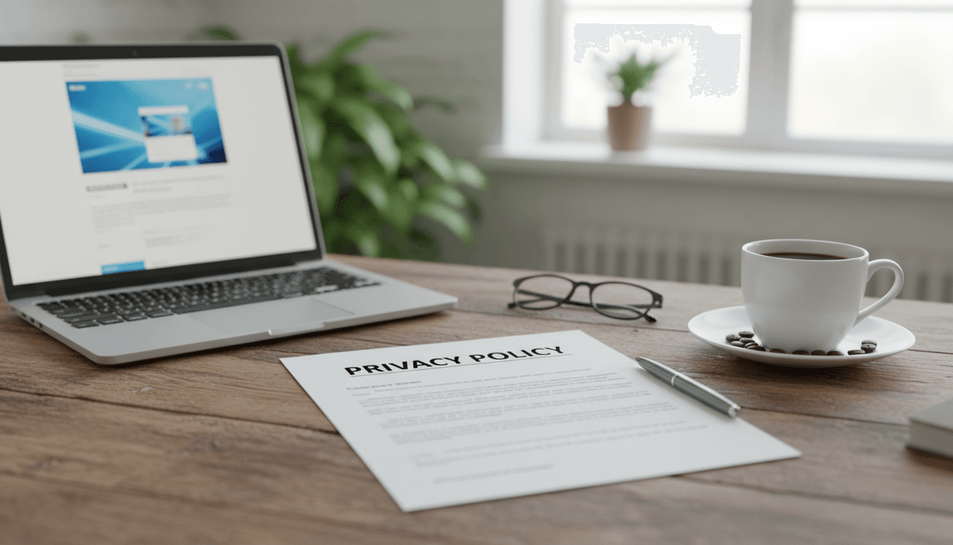 Privacy policy document on a desk with a laptop and coffee
