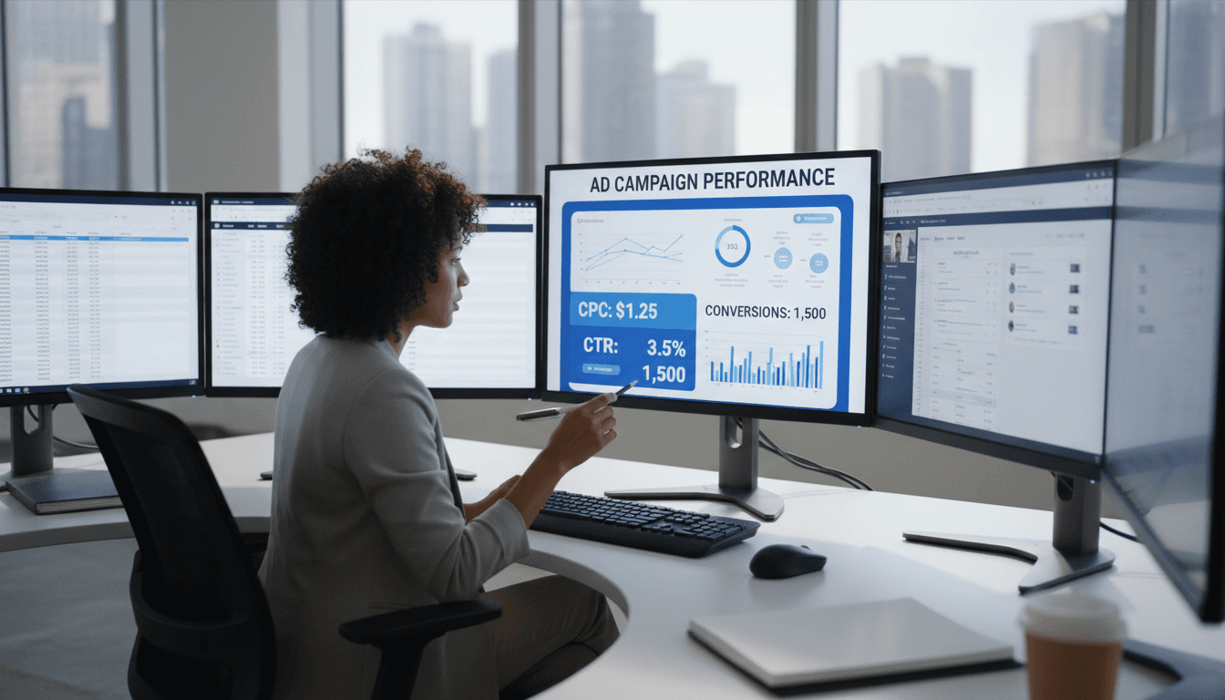 Marketer reviewing ad campaign metrics on a desktop monitor