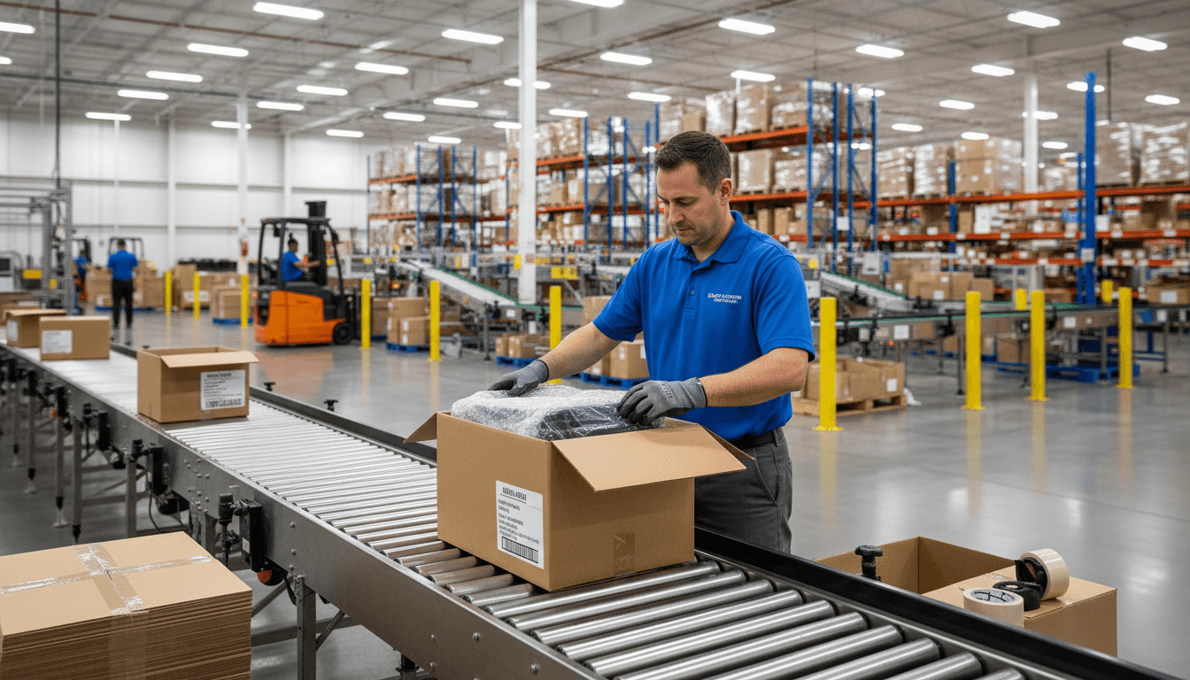 Warehouse worker packing a box with a shipping label in a modern distribution center