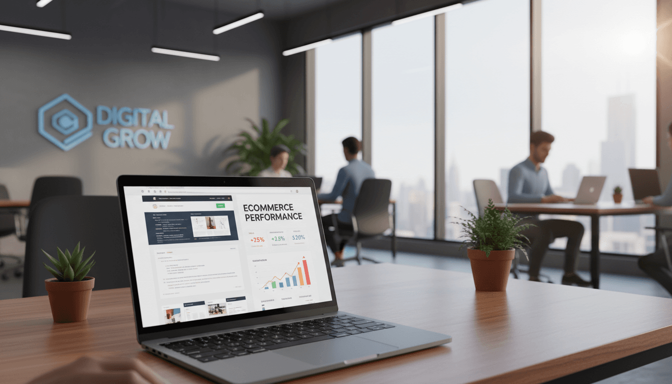 Laptop showing ecommerce store and analytics in a bright modern office