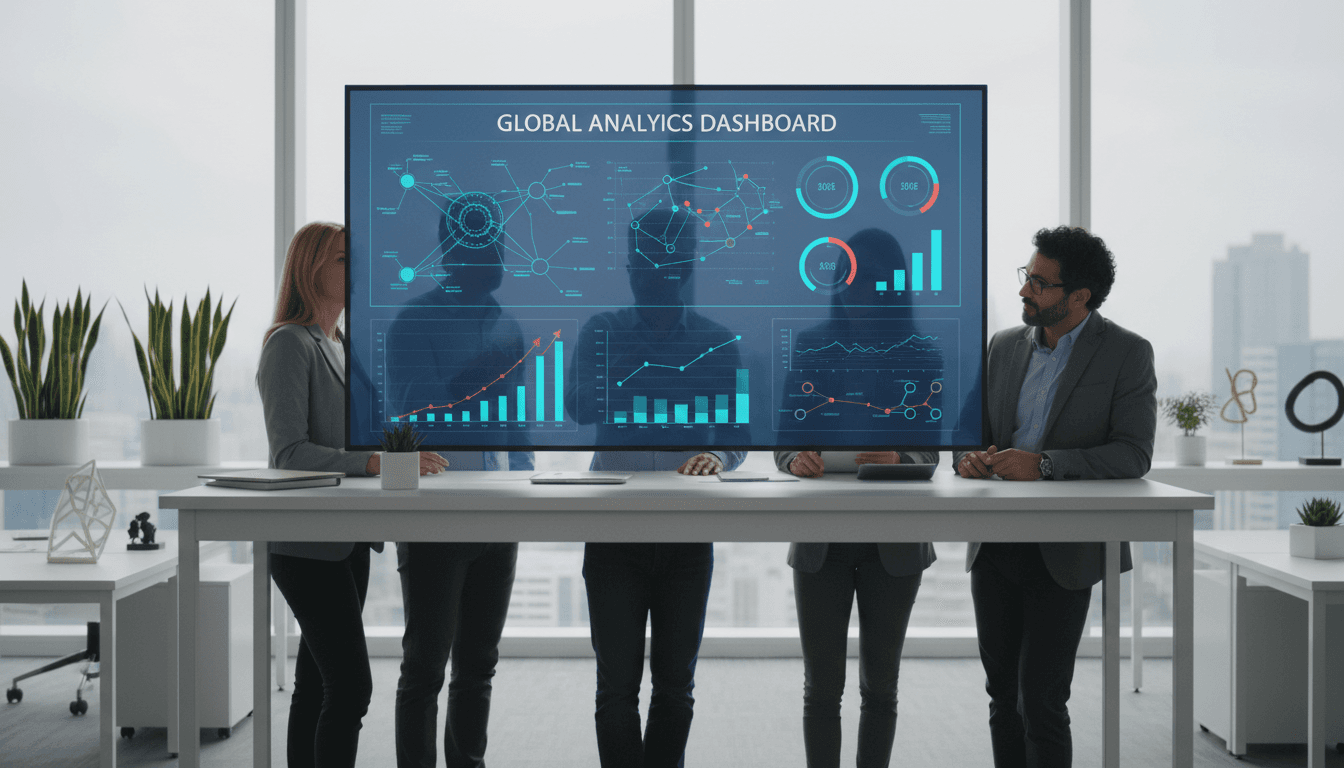 Business team reviewing e-commerce performance metrics on a large monitor in a modern office