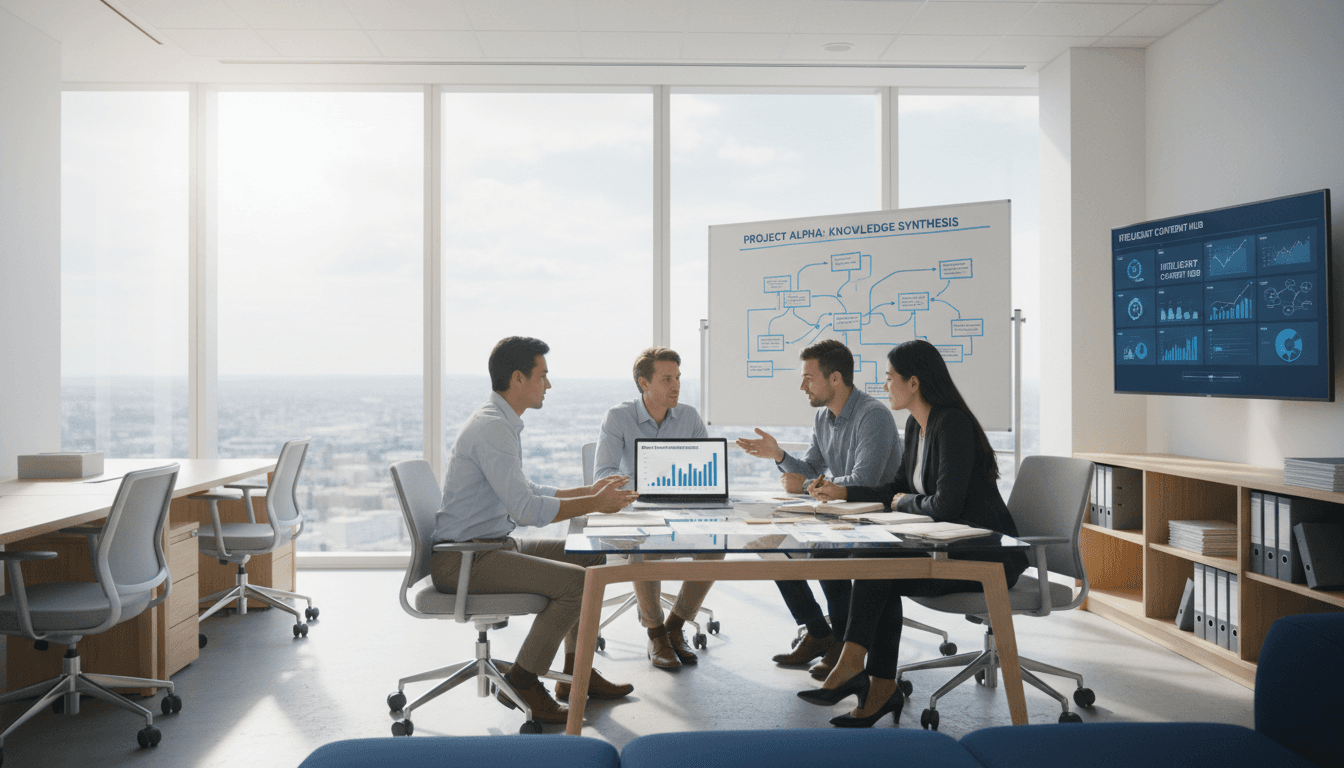 Team member collaborating on strategy documents at a bright office desk