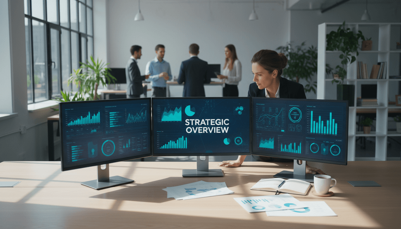 Professional team reviewing marketing analytics on a monitor