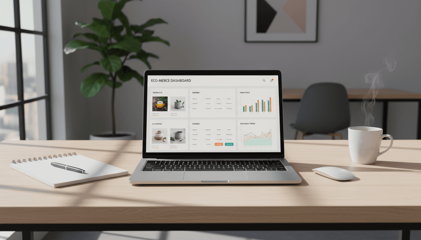 Laptop displaying an online store dashboard on a clean desk