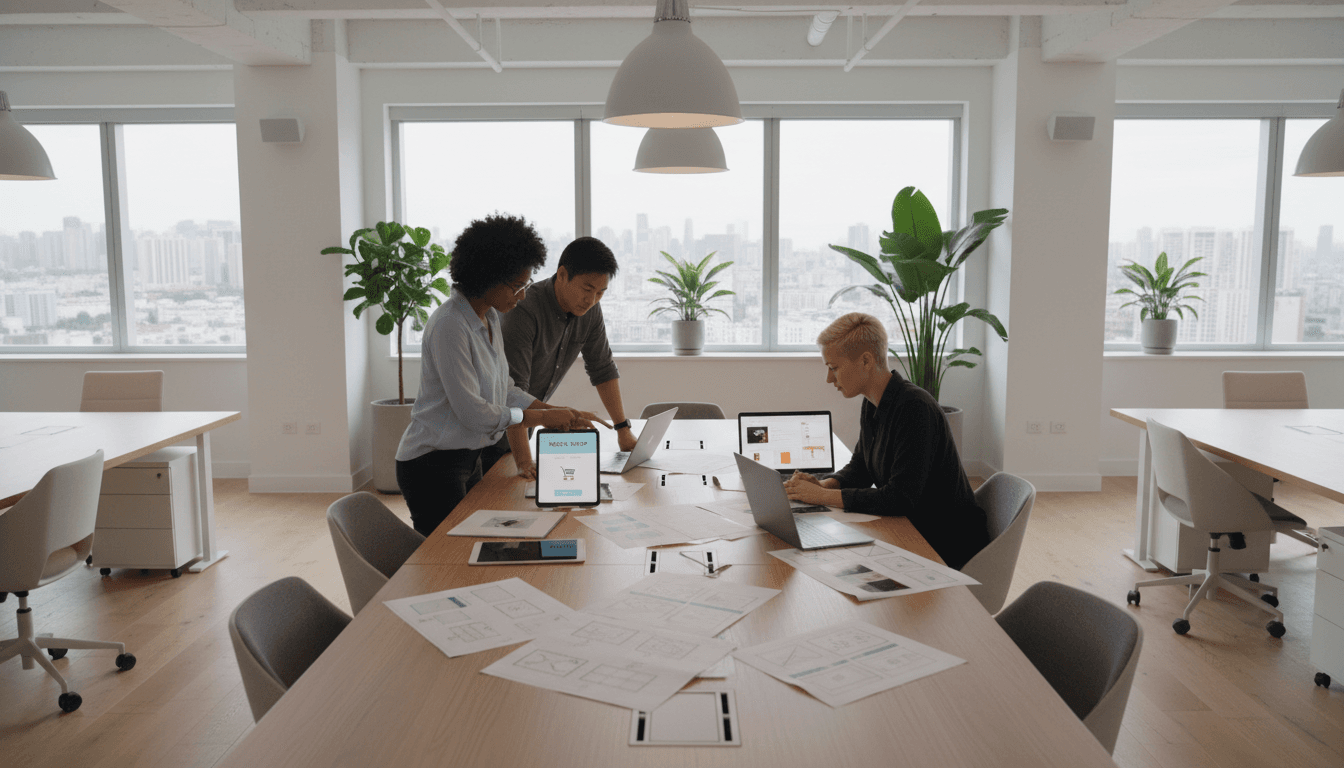 Professional team collaborating on e-commerce strategy in a modern office