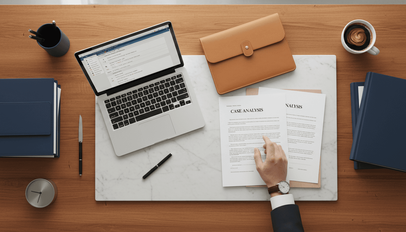 Modern office desk with laptop and legal documents in a bright workspace